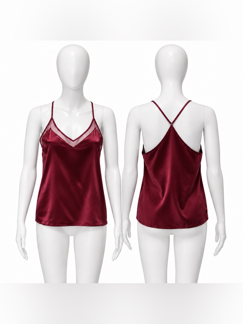Burgundy Satin Mesh V-Neck Racerback Camisole Top
